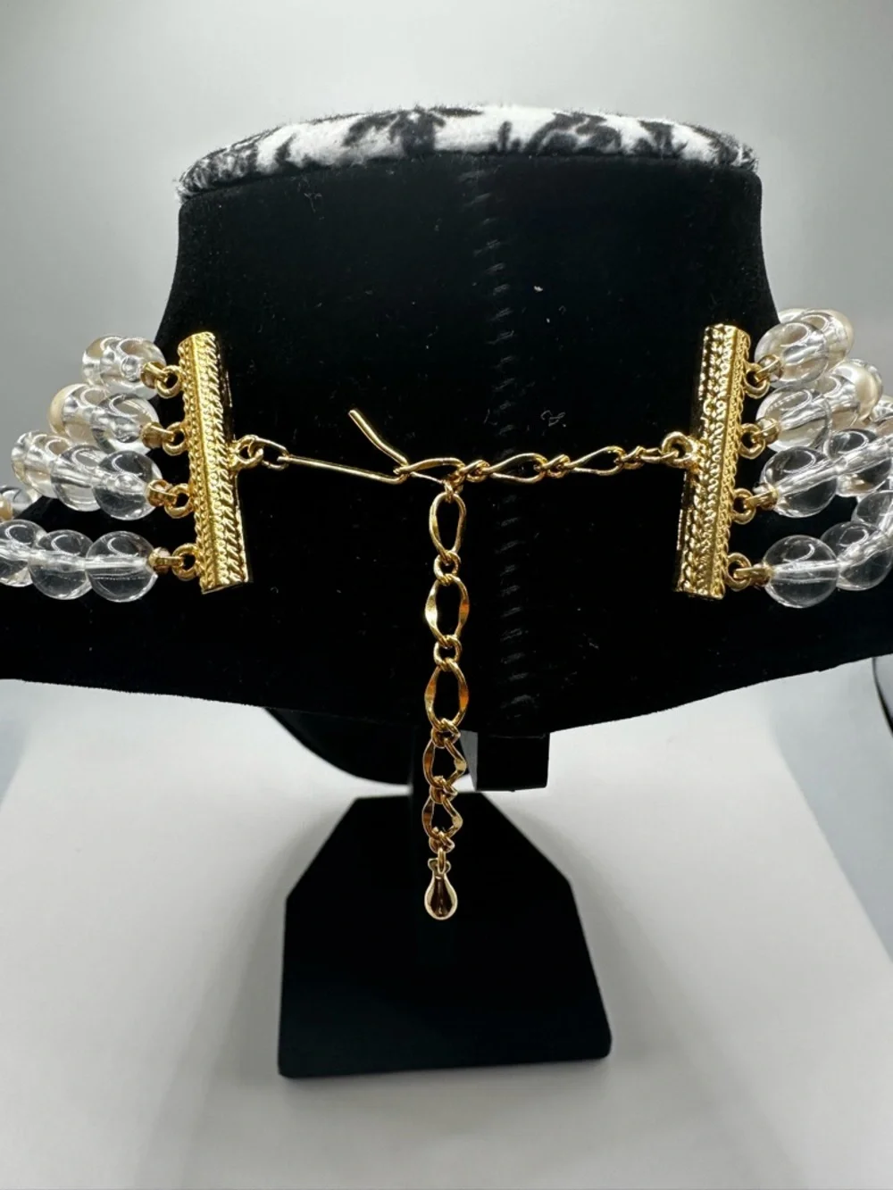 4 Strands Faux Creme Pearl & Clear Beads Goldtone Wedding Cocktail Necklace